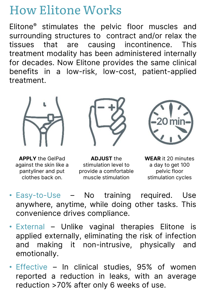 Bladder leaks disrupting your life? Elitone offers a non-invasive solution for stress and urge incontinence, helping you regain control and comfort.